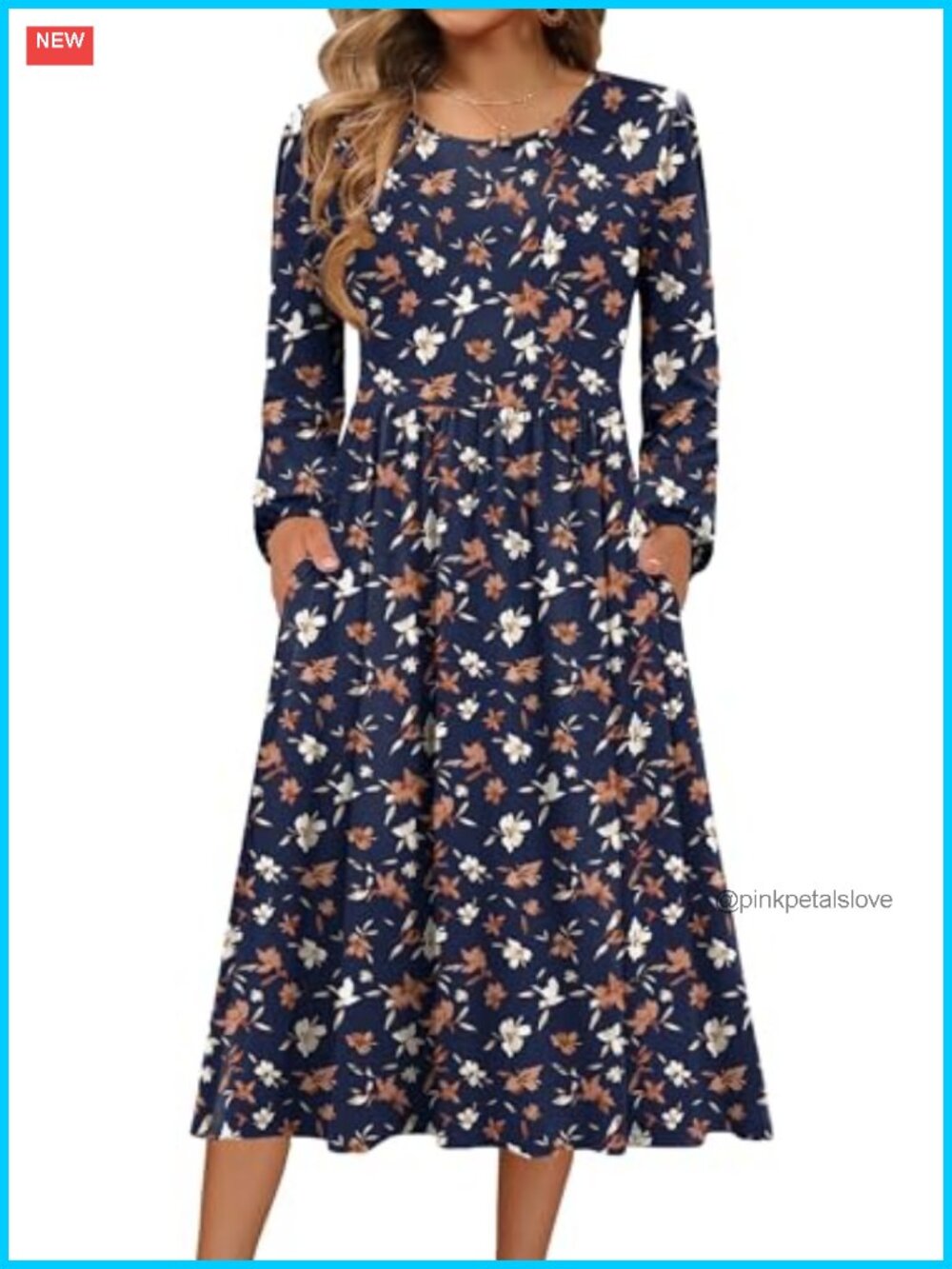 Women Long Sleeve Flowy A-Line Midi Dress With Pockets Casual Fall